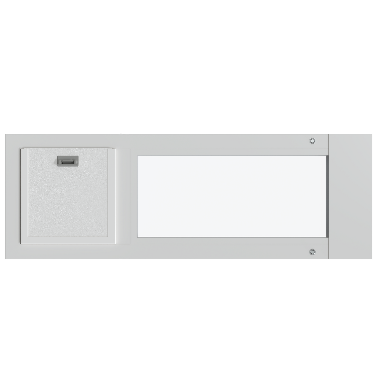 White wall vent with a handle and an adjacent rectangular opening.