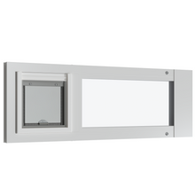 White window with a pet door installed.