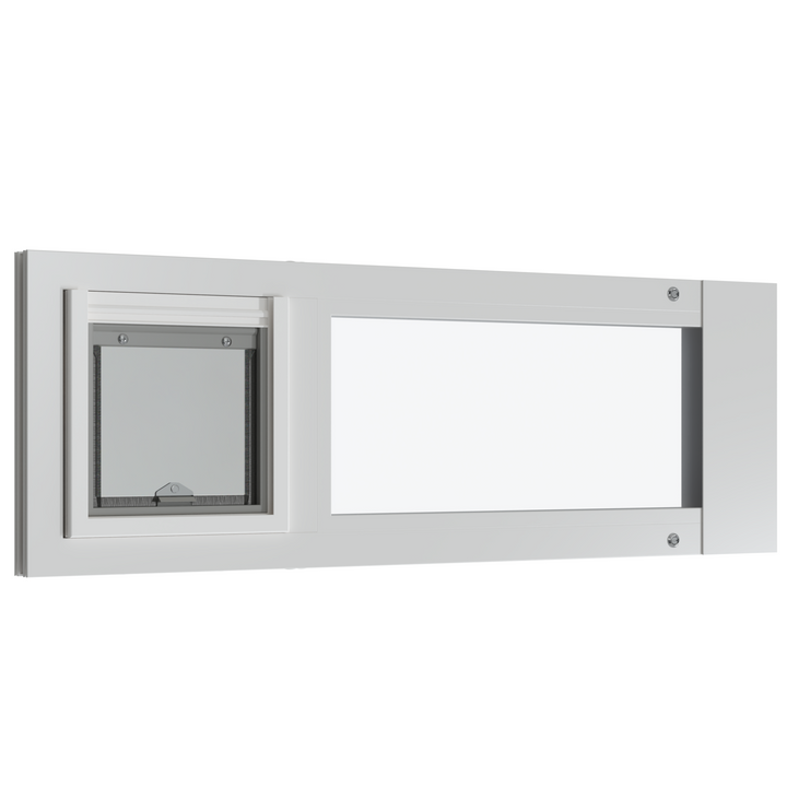 White window with a pet door installed.