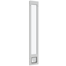 White sliding glass door insert with a pet door.