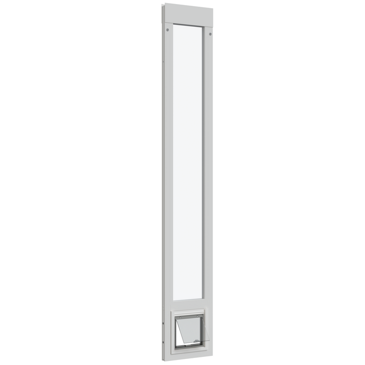 White sliding glass door insert with a pet door.