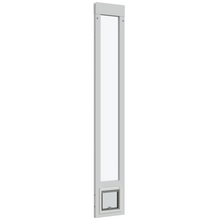 A white-framed glass panel with a pet door insert is displayed against a white background.