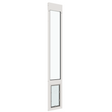 Liberty pet door for sliding glass doors, tall narrow white aluminum patio panel with frame depth visible and the pet flap closed at the bottom, shown in three-quarter view.