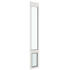 Liberty pet door for sliding glass doors, tall narrow white aluminum patio panel with frame depth visible and the pet flap closed at the bottom, shown in three-quarter view.