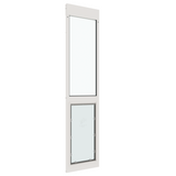 Black-framed sliding glass door with a Liberty pet door installed at the bottom.