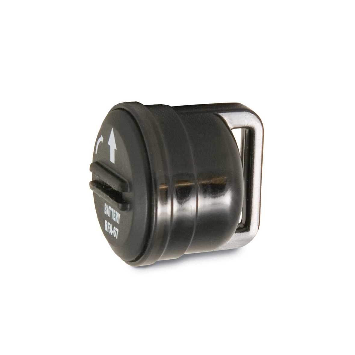 Close-up of a black battery pack with a silver metal buckle.