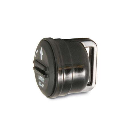 Close-up of a black battery pack with a silver metal buckle.