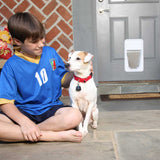 A young boy in an Italian soccer jersey pets a Jack Russell terrier wearing a red collar next to a gray door with a dog door installed.