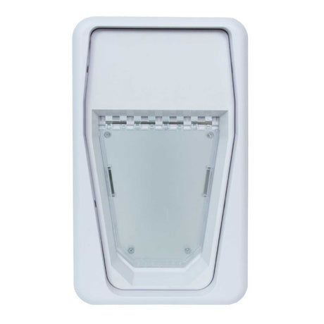 A white pet door with a clear, hinged flap.