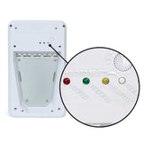 A white PetSafe pet door with a control panel showing locked, unlocked, and automatic modes.