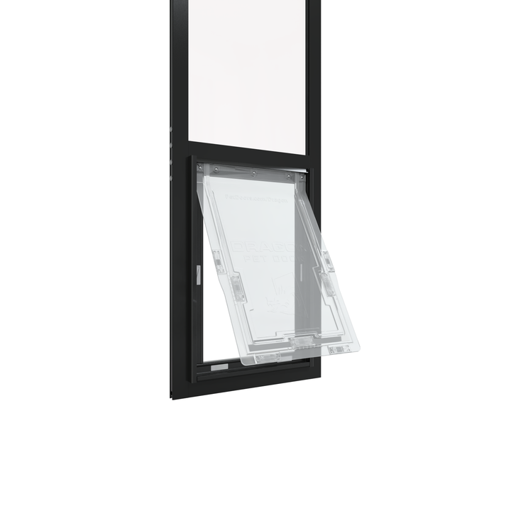 Large black Dragon single flap pet door for aluminum sliding glass doors, front view, open, zoomed in. Two-piece flap design for improved insulation and energy efficiency.