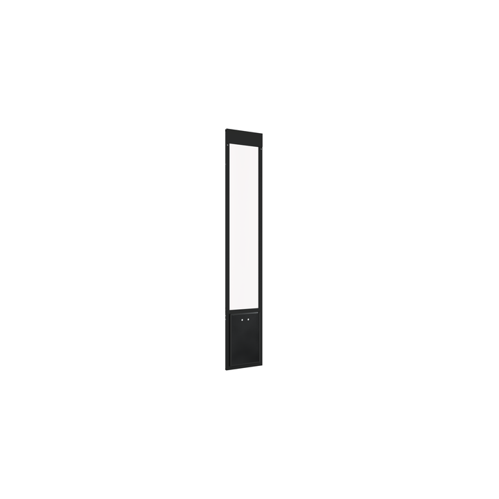  A black Dragon brand double flap pet door insert for aluminum sliding glass doors, tilted open, with a view of the door's C-Clamp lock.