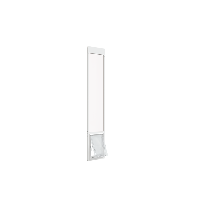 A white Dragon brand double flap pet door insert for aluminum sliding glass doors, open. The door features an efficient two-piece flap design to improve insulation.