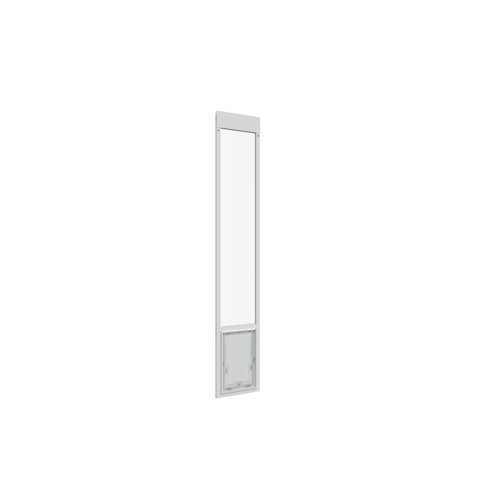  Large white Dragon single flap pet door for aluminum sliding glass doors, front view. Aluminum frame available in black or white to match your home's decor.