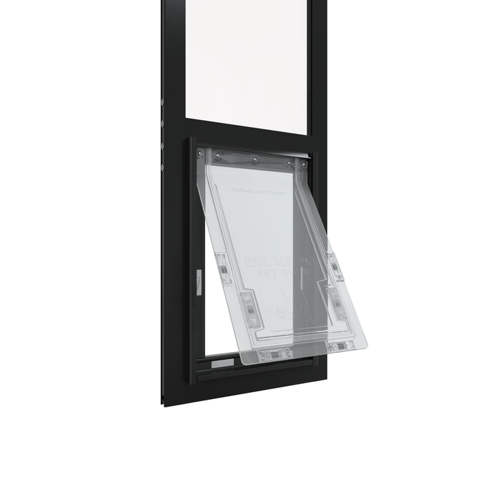  Medium black Dragon single flap pet door for aluminum sliding glass doors, front view, open, zoomed in. Two-piece flap design for improved insulation and energy efficiency.