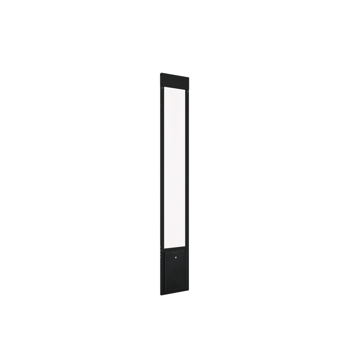  Medium black Dragon single flap pet door for aluminum sliding glass doors, front view, angled, with locking cover. Sturdy, flexible polyolefin elastomer flap material for insulation and pet comfort.