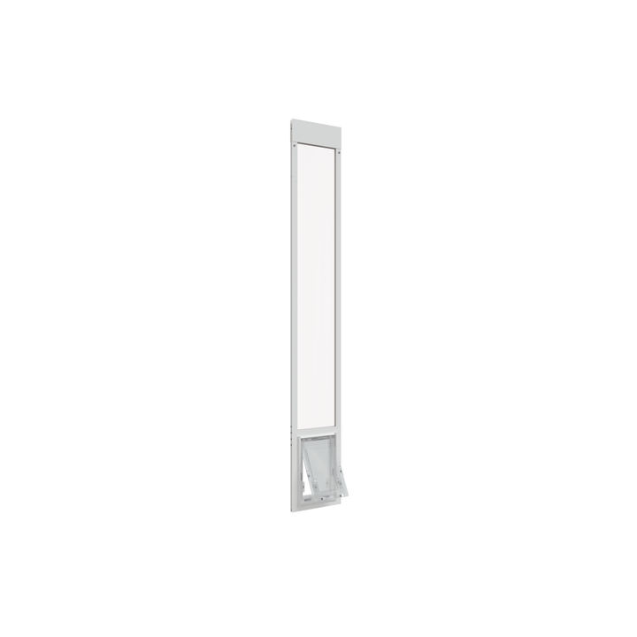 A white Dragon brand double flap pet door insert for aluminum sliding glass doors, open. The door features an efficient two-piece flap design to improve insulation.