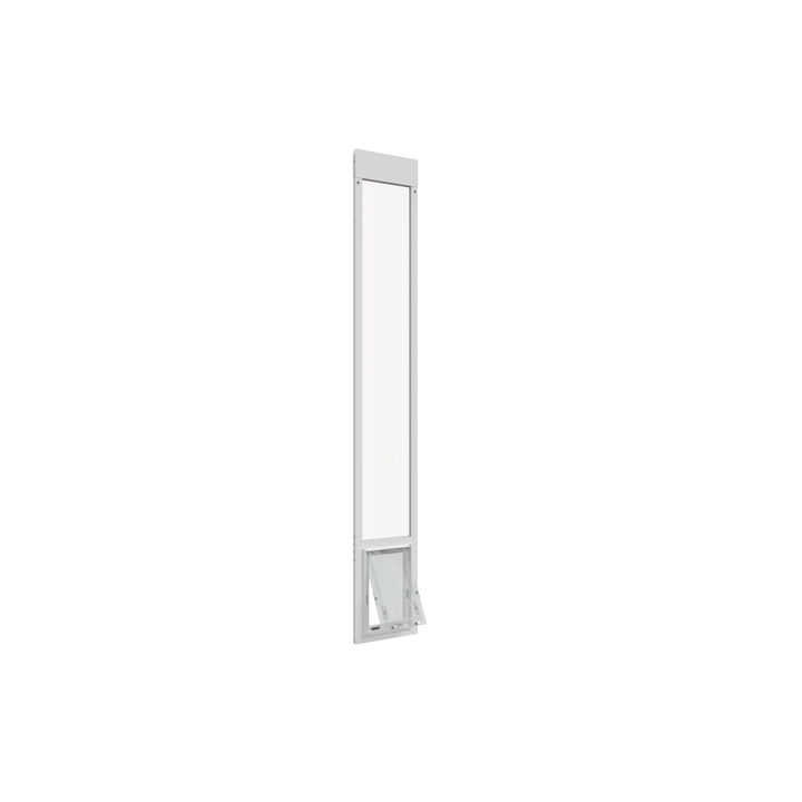  Medium white Dragon single flap pet door for aluminum sliding glass doors, front view, open. Single-pane, tempered glass suited for moderate climates.