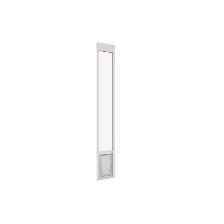 A white Dragon brand double flap pet door insert for aluminum sliding glass doors, tilted open. The door is easy to tilt open, even for small pets.
