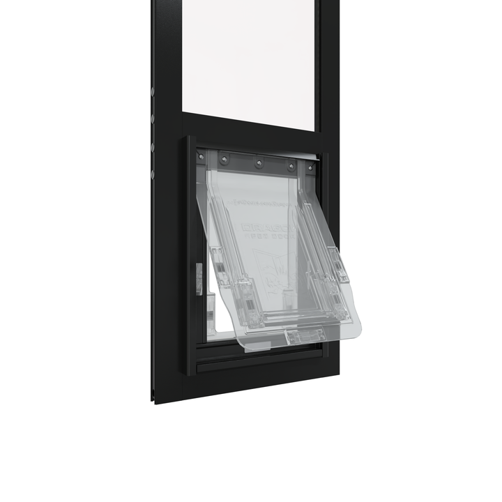 A close-up of a black Dragon brand double flap pet door insert for aluminum sliding glass doors, slightly tilted open, with the locking cover in place. The door includes a C-Clamp lock for added security. 