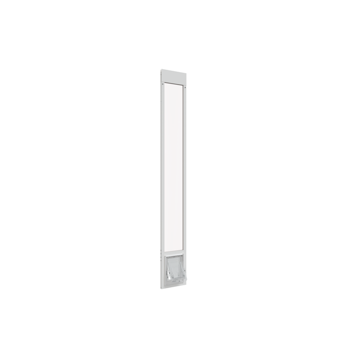 A front view of a white Dragon brand double flap pet door insert for aluminum sliding glass doors, closed. The door includes a C-Clamp lock and a sturdy black locking cover.
