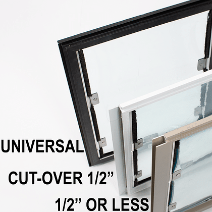 Three window frames of different colors are stacked against a white background.