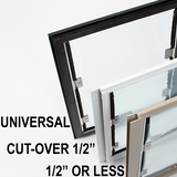 Three window frames of different colors are stacked against a white background.