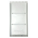 Rectangular clear pet door flap with a silver frame.