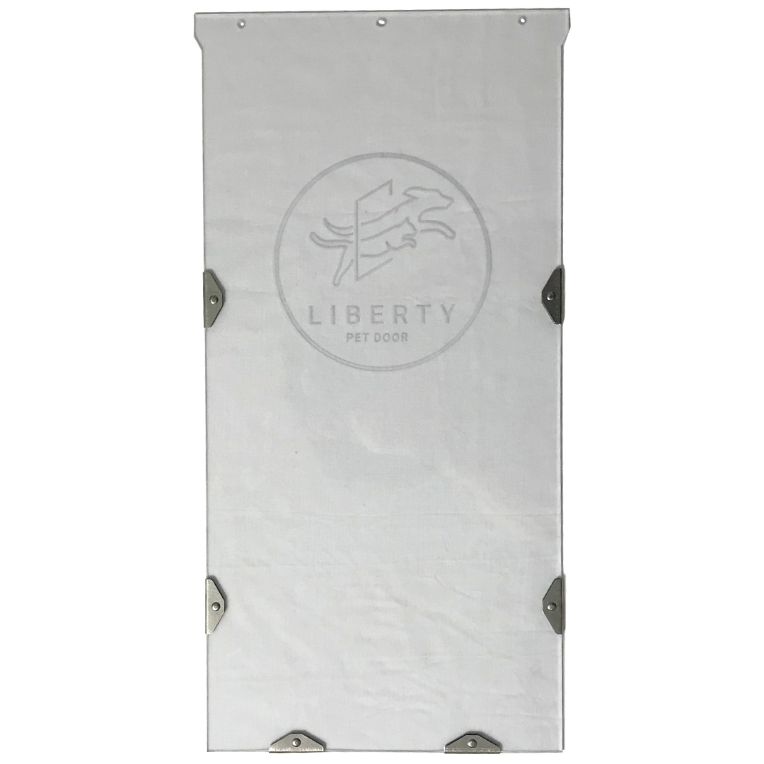 A clear pet door with the Liberty Pet Door logo and metal corner brackets.