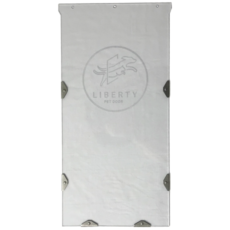 A clear pet door with the Liberty Pet Door logo and metal corner brackets.