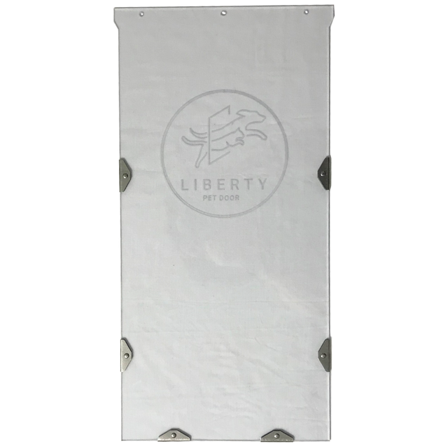 A clear pet door with the Liberty Pet Door logo and metal corner brackets.