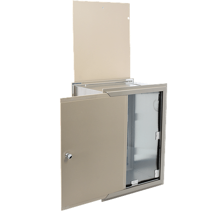 A beige metal drop box with an open door and raised top panel._Color_Tan