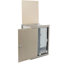 A beige metal drop box with an open door and raised top panel.