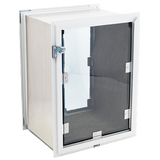 A white-framed, rectangular pet door with a partially open clear panel and a dark mesh panel.