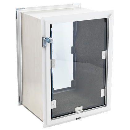 A white Hale pet door for windows is shown at an angle.