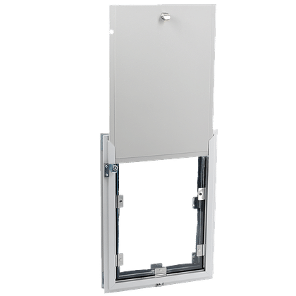 A white-framed pet door is shown with its panel lifted.