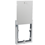 A white-framed pet door is shown with its panel lifted.