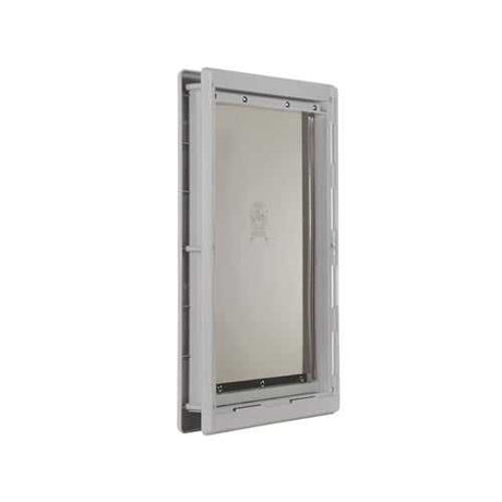 A pet door with a frame and a flexible flap.