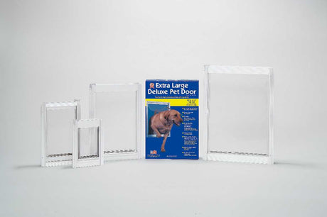 An "Extra Large Deluxe Pet Door" product box is shown with the frame and flap of the dog door in multiple sizes.