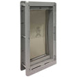 A gray plastic pet door with the Ideal Pet Products logo_Color_White