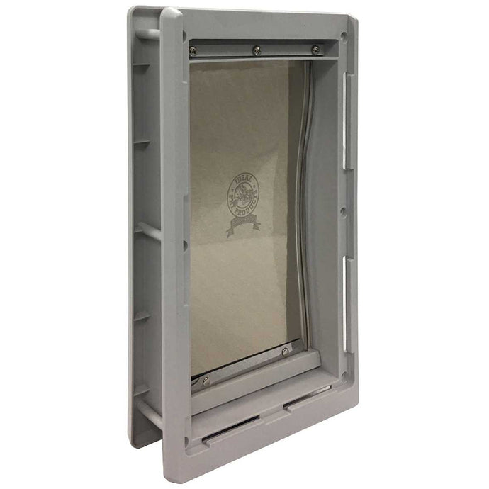 A gray plastic pet door with the Ideal Pet Products logo.