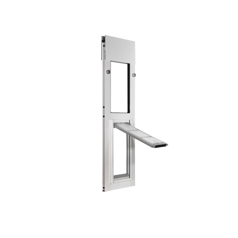 A silver-framed window insert with a hinged pet door flap.