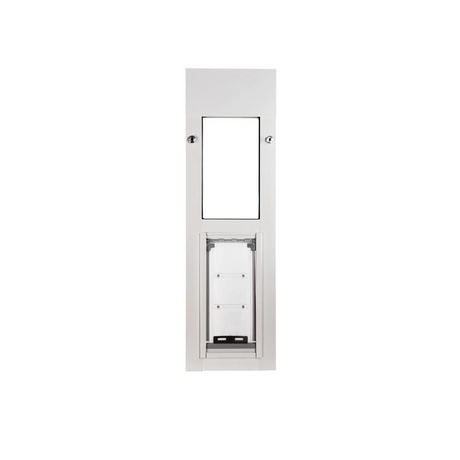 White pet door with a clear flap and a separate opening above.