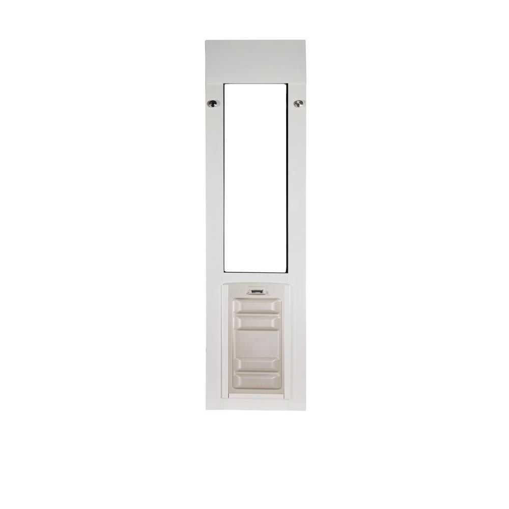 A white sliding glass door pet door insert.