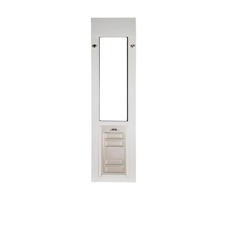 A white sliding glass door pet door insert.