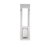 A white sliding glass door insert with a pet door is displayed.