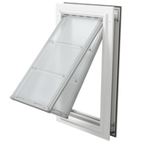 Endura Flap pet door for exterior doors, white aluminum frame in a small single flap size shown in an isometric view with the flap deployed open against a neutral background.