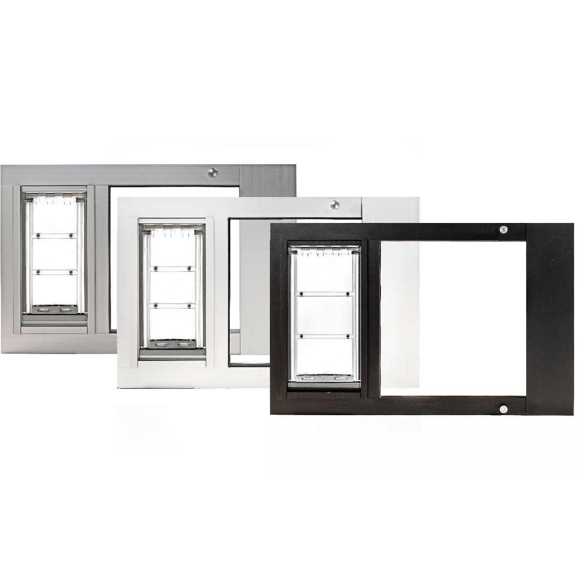 Three sliding glass door pet door inserts in silver, white, and black finishes are shown on a white background.
