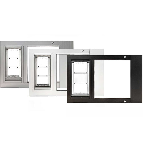 Three sliding glass door pet door inserts in silver, white, and black finishes are shown on a white background.