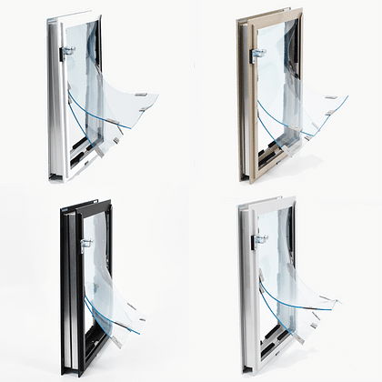 Four awning windows, each a different frame color, are slightly open against a white background.